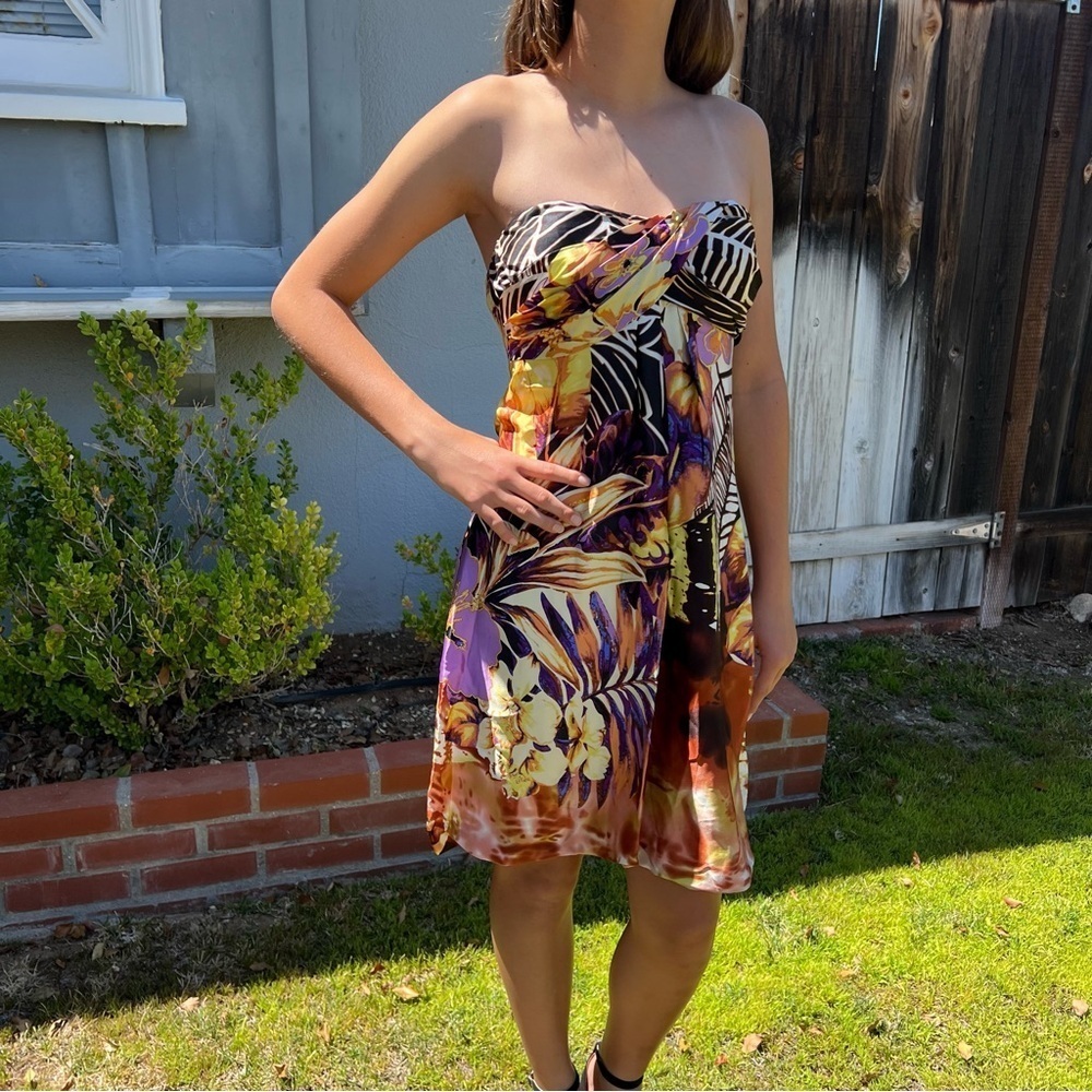 Vintage 90s Cache Silk Strapless Bubble Dress Tropical Floral Resort-wear Sz 2 - Picture 3 of 16